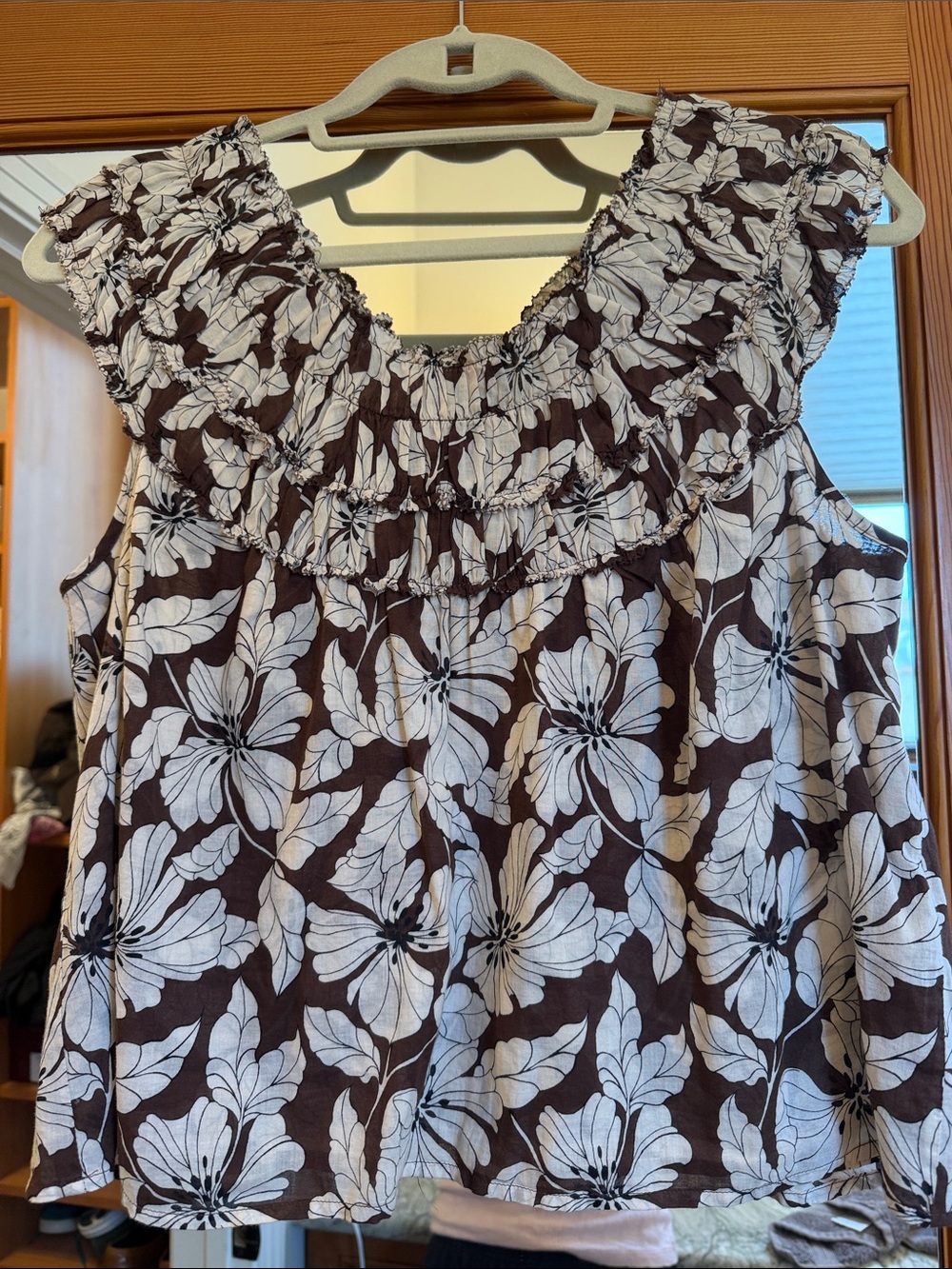 Jcrew Brown and White Floral Ruffle Neck Sleeveless Top
